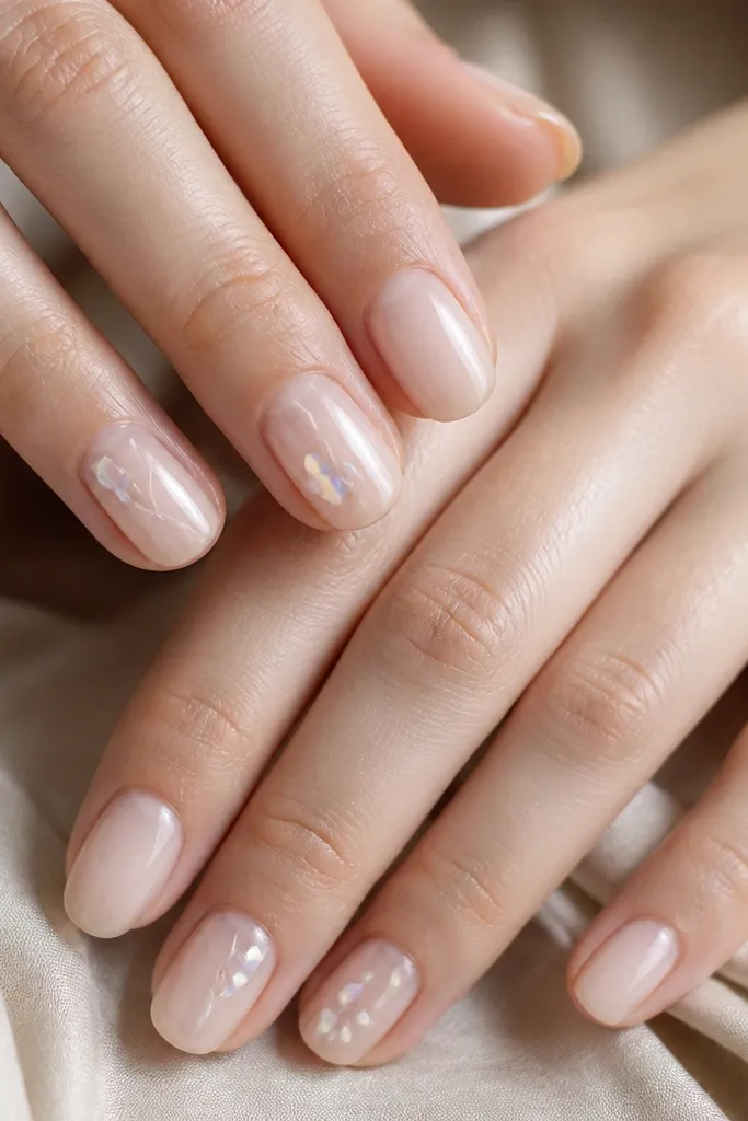 Milky nude nails. On two nails per hand, there are small iridescent shell-like flakes placed near the center and tip, with a thin white ridge line drawn underneath. Glossy finish.