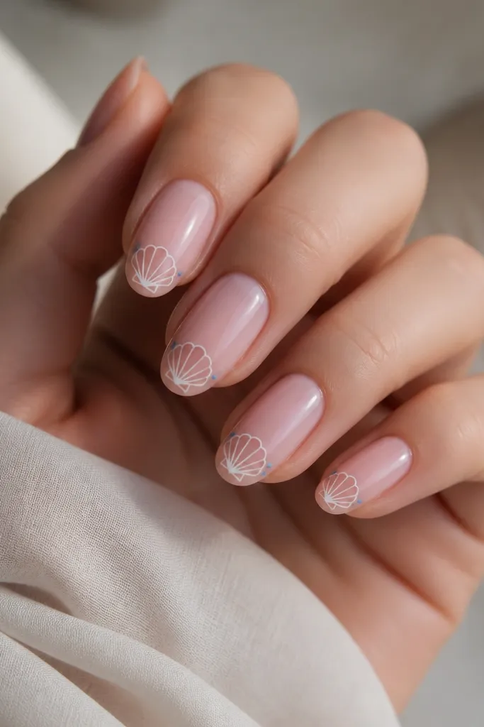 Sheer pink nails with glossy finish. Each nail has a thin white shell outline near the tip. On one side of each shell, there is a single small blue dot like a bubble.
