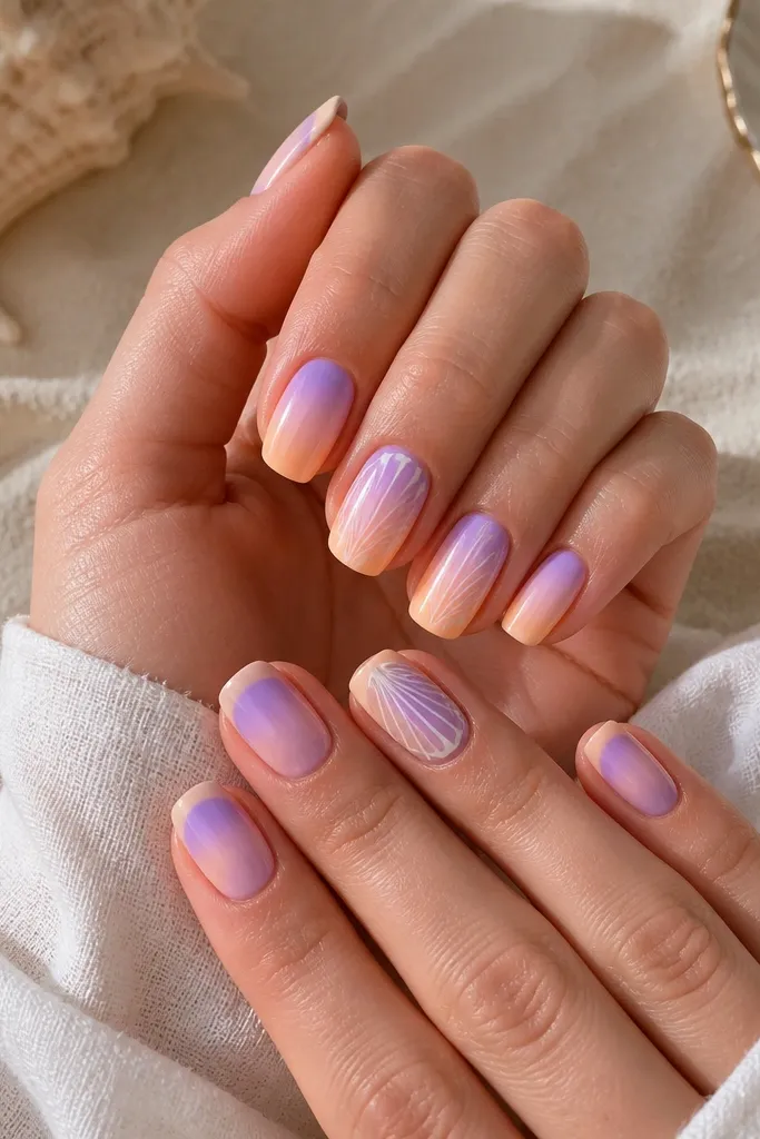 Nails have a pastel gradient from lavender at the cuticle to peach at the tip. Accent nails show white shell ridges drawn vertically with a small white highlight line on top.