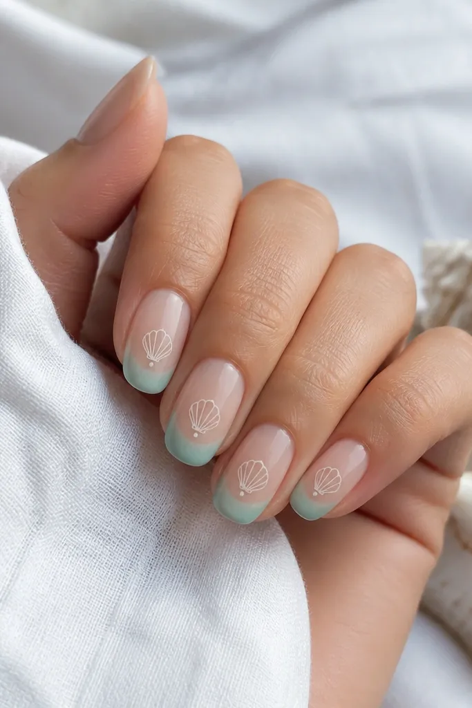 Nails have sheer nude bases. Tips are painted seafoam in a classic French shape. On each nail, a tiny shell outline sits in the center with a single white dot highlight.
