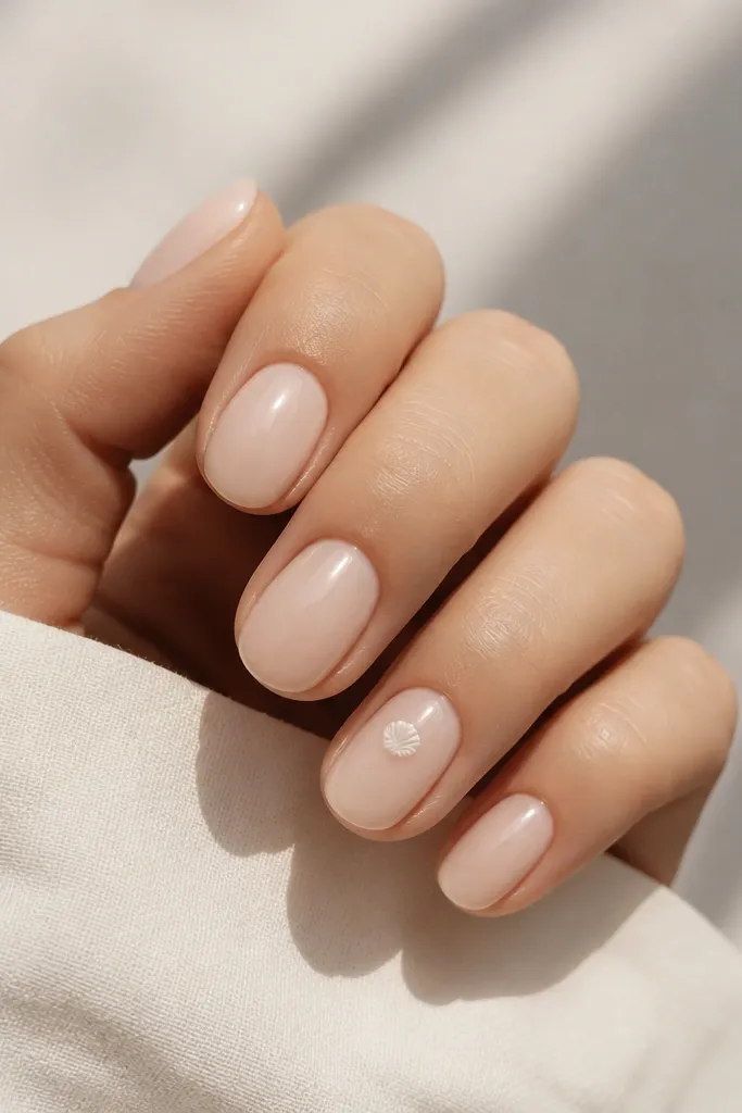 Four nails painted a sheer milky nude; on each index nail there is one tiny white dot near the top cuticle area with two short curved lines fanning out like a small seashell. The top coat is glossy, with no glitter.