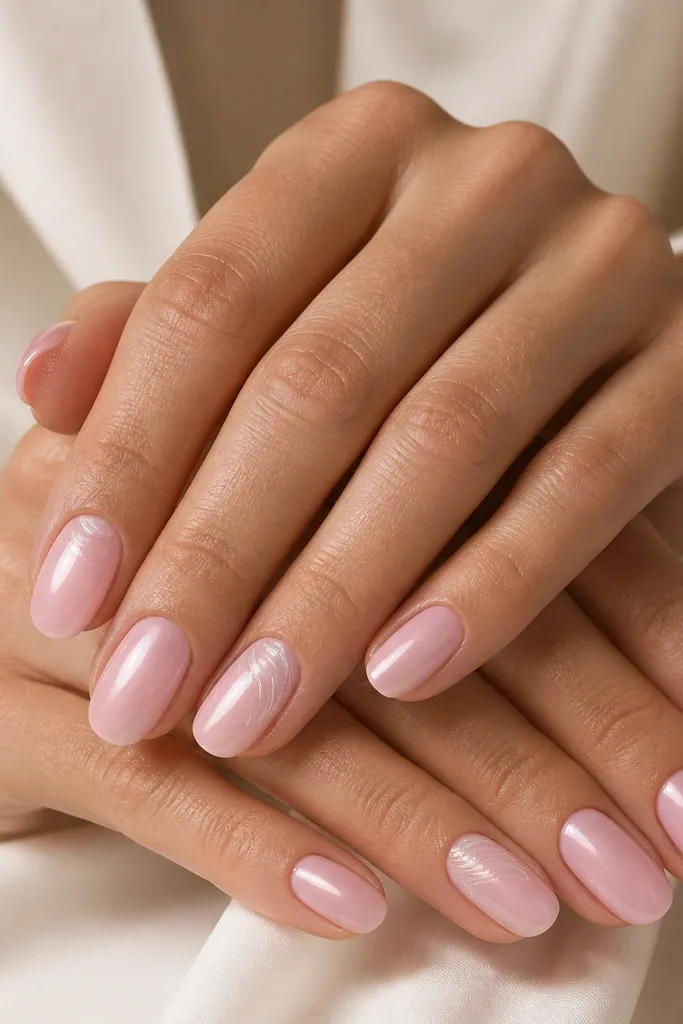 Most nails are a glossy pearl pink. Two nails on each hand have a cluster of thin shell arcs in milky white starting near the cuticle and curving toward the sidewalls, with a tiny shimmer highlight.