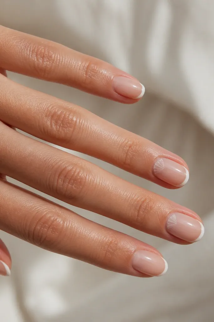 Nails have sheer nude bases with very thin French tips in white. On the ring finger, there's a small half-moon shell shape at the cuticle area: faint white arcs forming a shell outline.