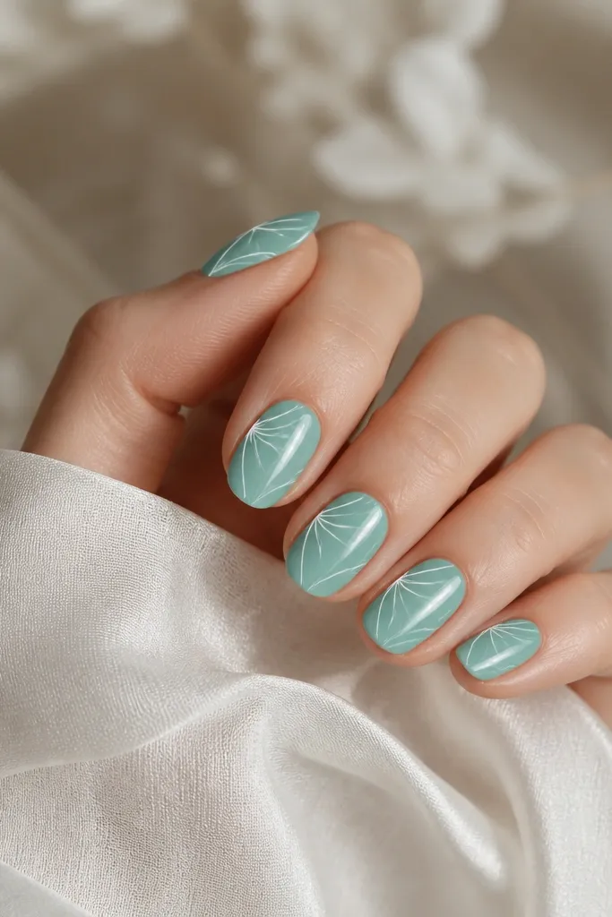 Nails are painted a glossy seafoam green. On each nail, a white curved line sweeps along one side from near the cuticle to the mid-nail, with 3-4 thinner arcs branching off like shell ribs.