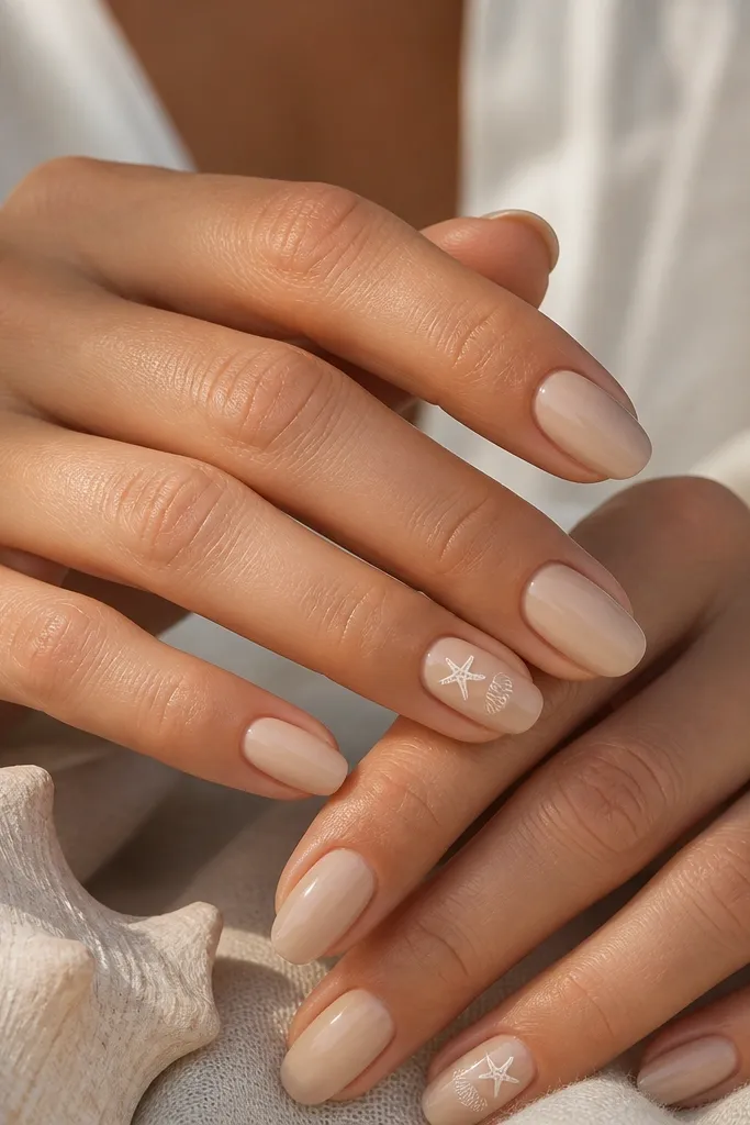 Most nails are a warm sand beige with a glossy finish. One nail per hand has a tiny white starfish near the cuticle with two small shell-like arcs beside it.