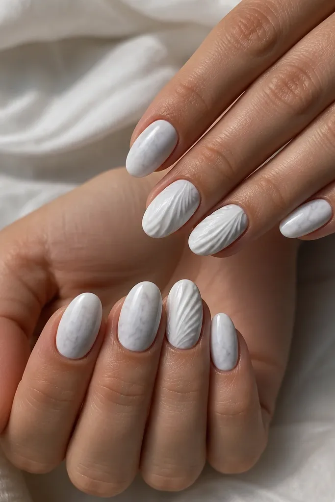 Nails are a milky white marble look with faint gray swirls. On two nails per hand, there are curved shell ribs in slightly darker white, running from cuticle to mid-nail.