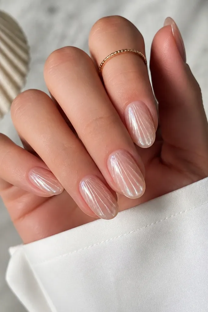 Nails have a sheer nude base under a glossy clear jelly layer. On each nail, thin white and pale blue curved lines run diagonally like frosted shell ribs.