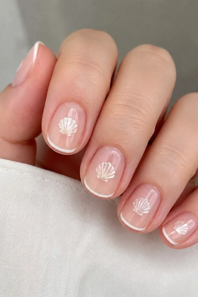 Nails are sheer nude with glossy top coat. Each nail has a small seashell sticker on the ring finger and middle finger. The sticker edges are outlined in thin white, making them look hand-painted.