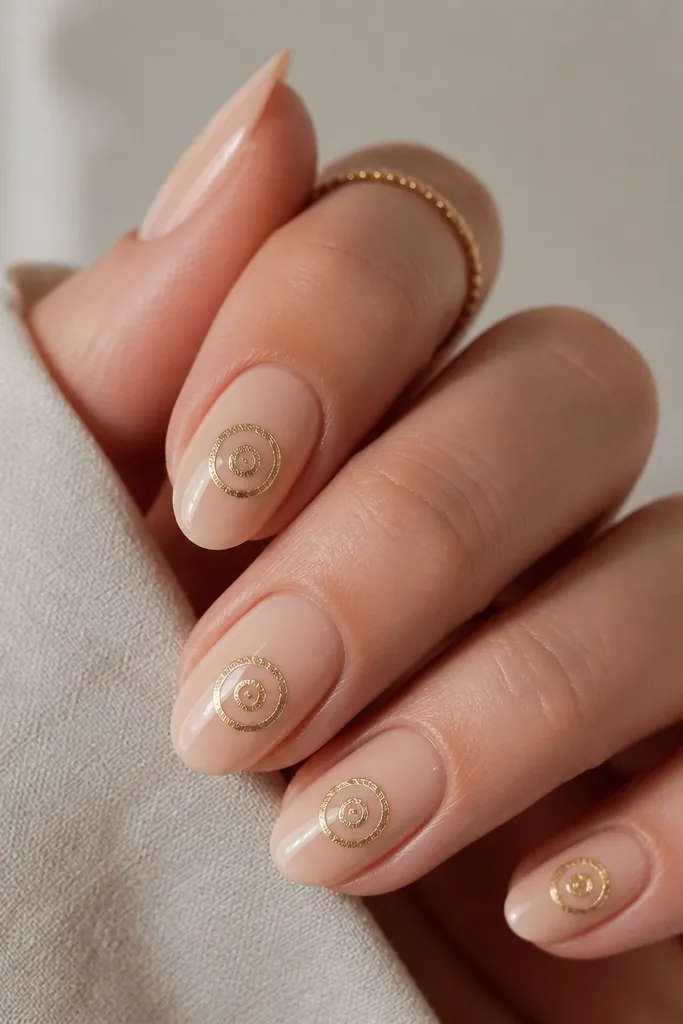 Nails are glossy nude. On each nail there's a small spiral shell in gold foil near the center, wrapping like a snail shell. The rest of the nail is clean and smooth.