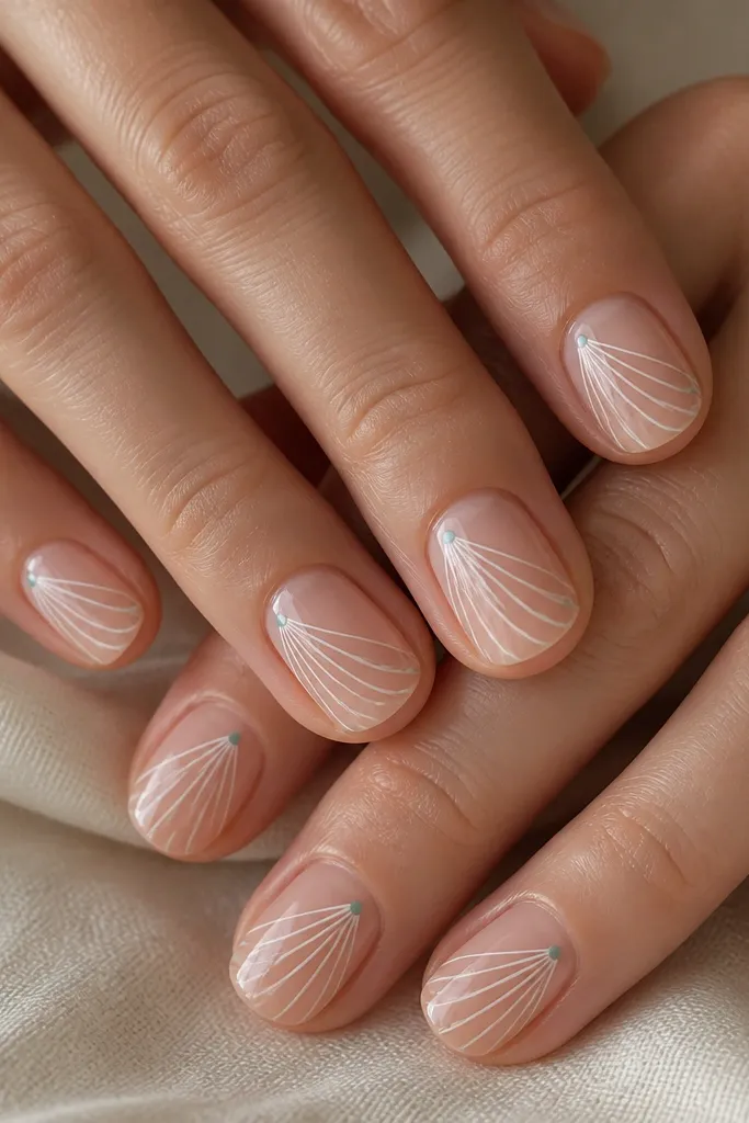 Nails are glossy clear nude. Each nail has 4-6 thin white shell ribs fanning from near the cuticle toward the side. On the center of the ribs is a tiny teal dot.