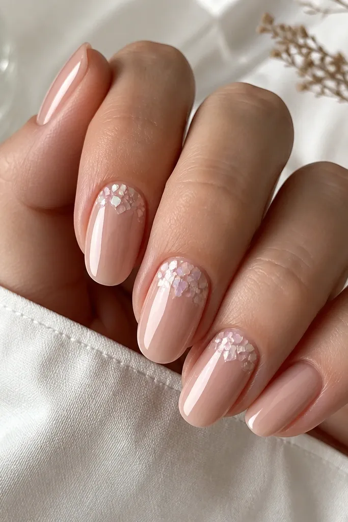 Nails are glossy nude. On two accent nails, there are tiny iridescent shell-like flakes concentrated near the cuticle and fading toward the center. The rest of the nails are plain nude.