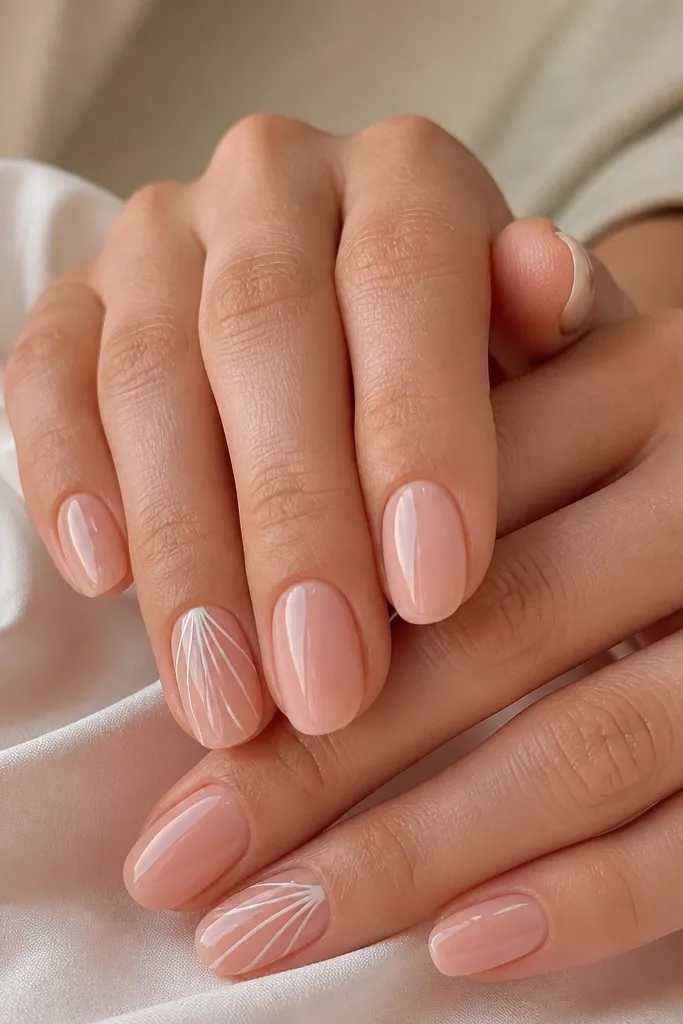Nails are glossy sheer nude. On two nails per hand, thin white stripe tape lines arc from near the cuticle toward the side, forming 4-5 shell ridges. The tape is sealed under top coat so it looks painted.