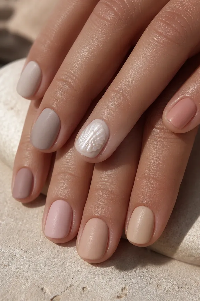 One hand has nude shades across nails: sheer nude, warm nude, pink nude, and milky nude. On the ring finger, there are thin white shell ribs drawn in 4-5 lines near the cuticle; other nails are plain.