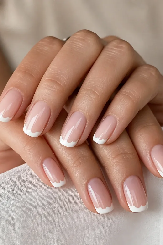 Nails have a glossy blush pink base with white French tips. On the top edge of each French tip, there's a small shell crest drawn like a scalloped line with 3-4 curved arcs.