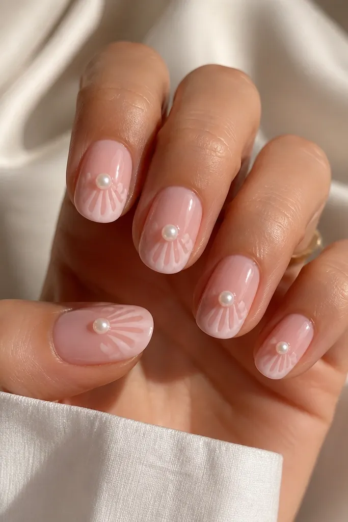Nails are glossy blush pink. On each nail there's a small oyster pearl dot near the center with 3-4 half-ribs in milky white on either side, like a clamshell opened slightly.