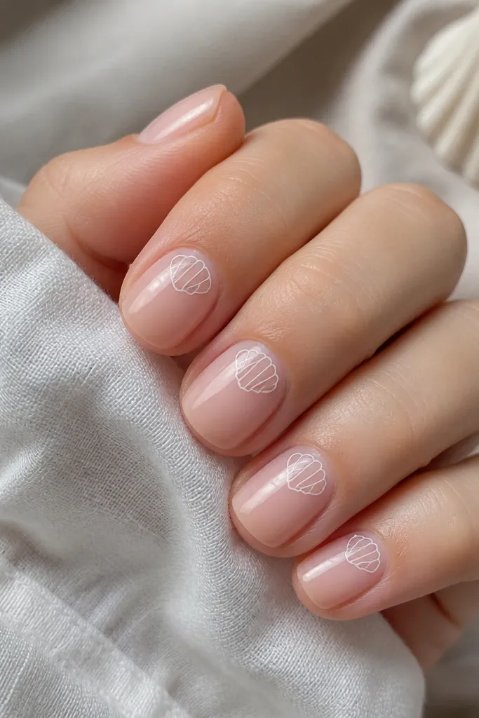 Nails are bare-looking with just a glossy clear coat. On each nail, there's a thin white outline of a seashell near the cuticle, with no fill inside, just lines.