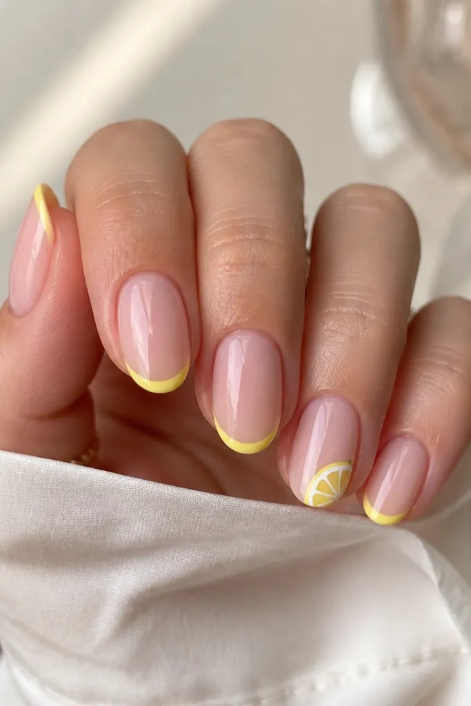 Short almond nails with a sheer pink/nude base and a thin curved French line in bright yellow at the tips; one nail has a tiny lemon slice drawn near the corner in white and pale chartreuse; all nails are glossy.