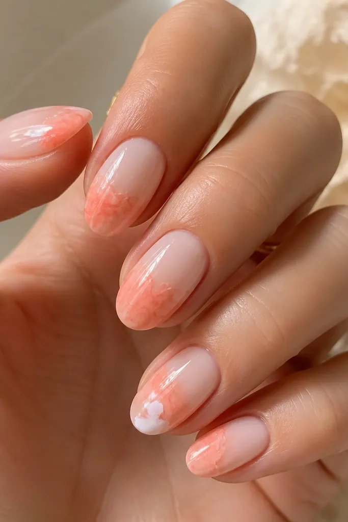 Short almond nails with a creamy sheer base; the tips fade into soft watercolor peach and coral swirls, with one nail showing a tiny white cloud-like splash near the edge; glossy finish.