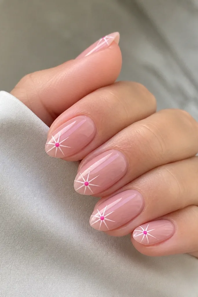 Short almond nails in a pink nude; each nail has a small starburst design at one corner near the tip using white lines and a center dot in hot pink; glossy top coat.