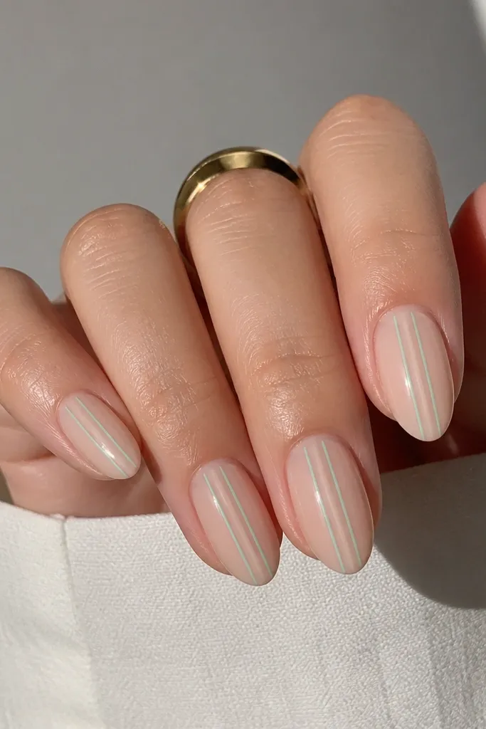 Short almond nails with a nude base; two ultra-thin mint green vertical stripes run down the center on each nail, with one nail having a tiny mint diagonal stripe near the tip; glossy.