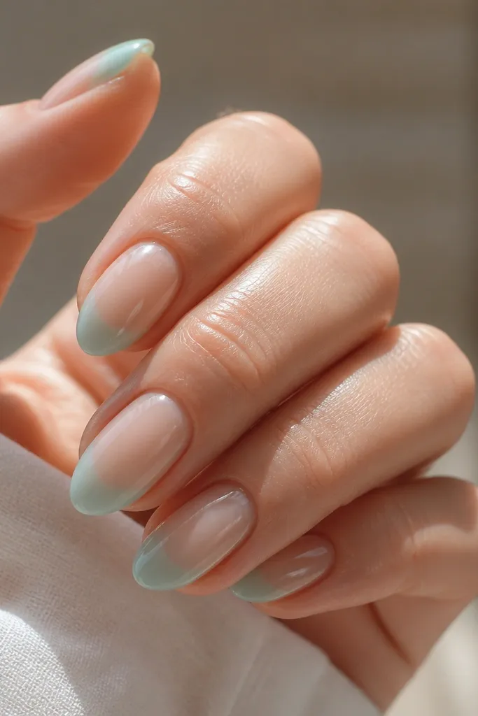 Short almond nails with a sheer nude base; the top half has a seafoam jelly tint at the tips, slightly see-through; edges are smooth and glossy like glass.