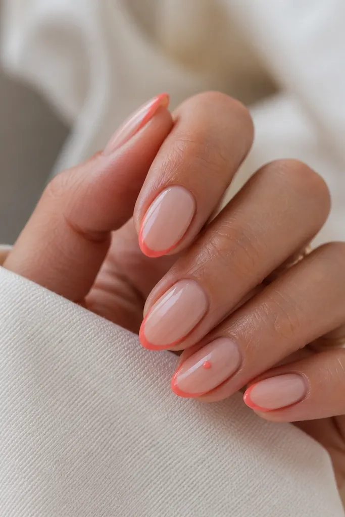 Short almond nails with a nude base; coral outline French creates a thin border around the tip without filling the whole tip; one nail has a tiny coral dot at the center.