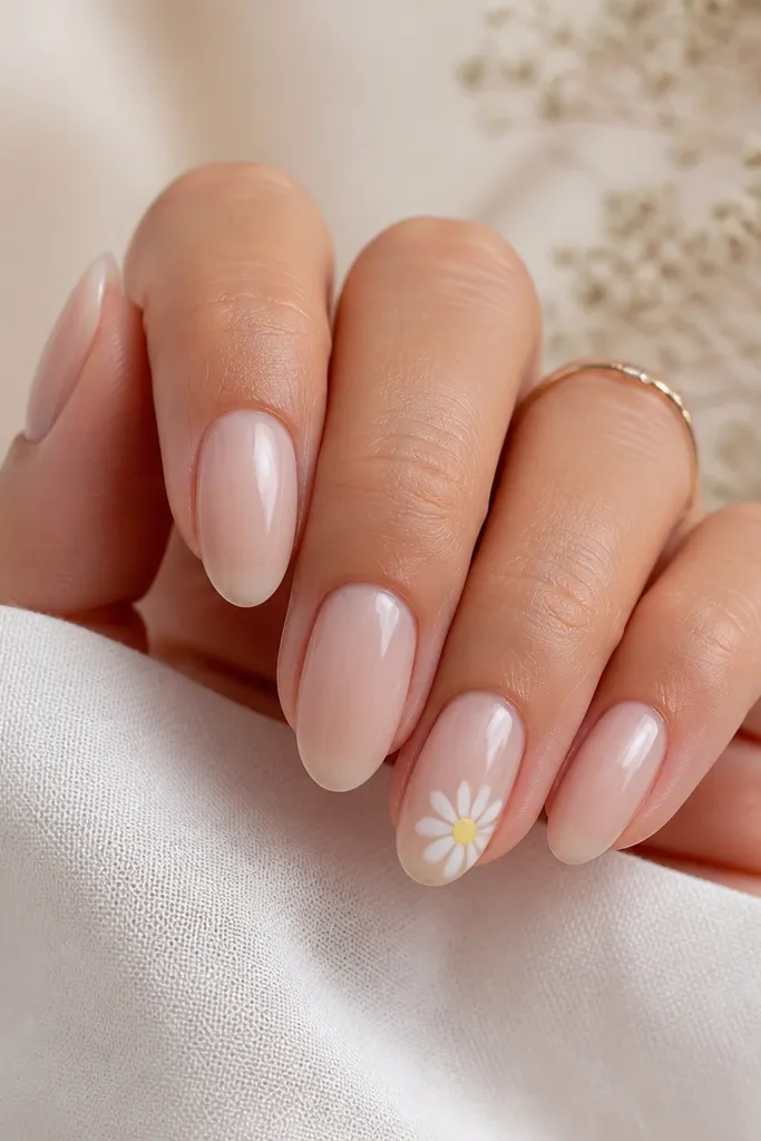 Short almond nails with a milky nude base; four nails are plain glossy nude, and the ring finger has a white daisy with five petals and a yellow center near the tip; glossy.