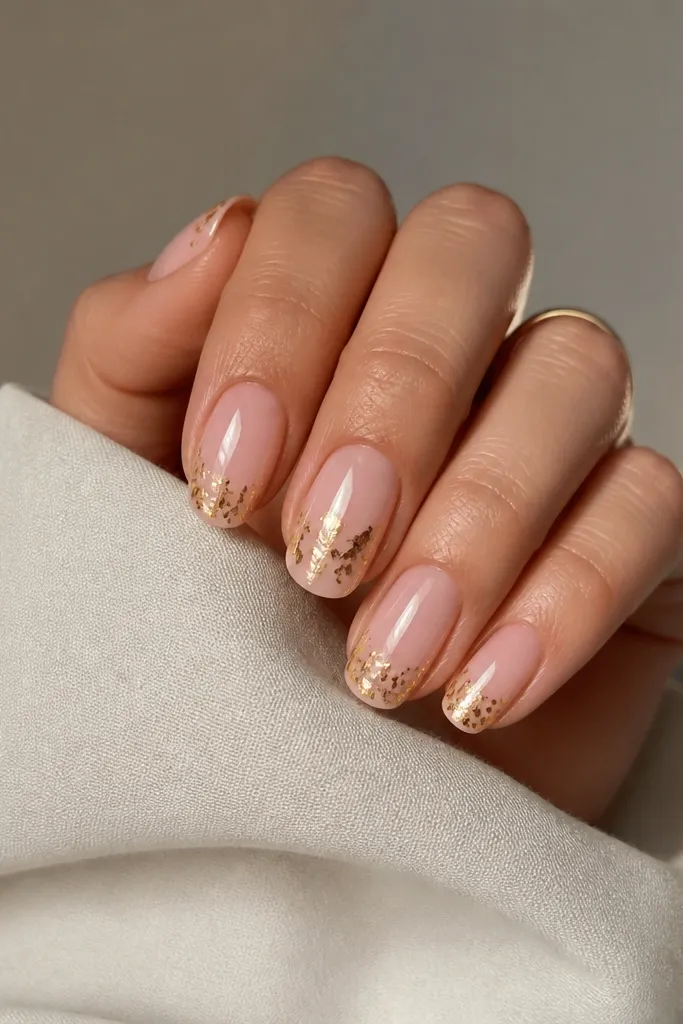 Short almond nails with a nude base; the tips have scattered gold foil pieces like confetti, concentrated near the edge; one nail has slightly larger foil flakes; glossy top coat.