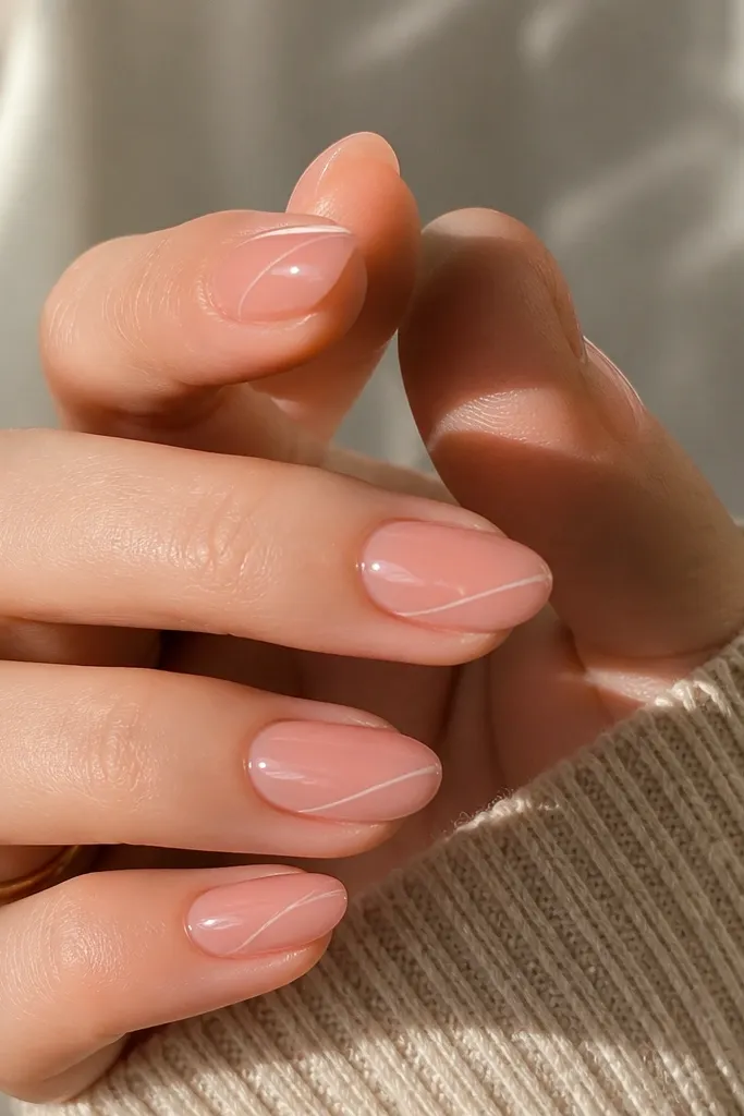 Short almond nails with an iced pink jelly tint; each nail has a single thin white line running diagonally from mid-nail toward the tip; glossy.