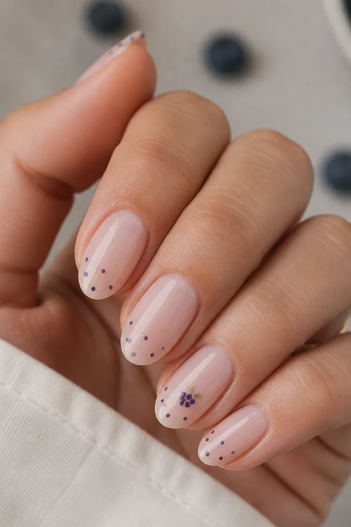 Short almond nails with a sheer nude base; tiny blueberry purple dots scattered near the tip on every nail; one nail has a small dot cluster like a mini berry; glossy.