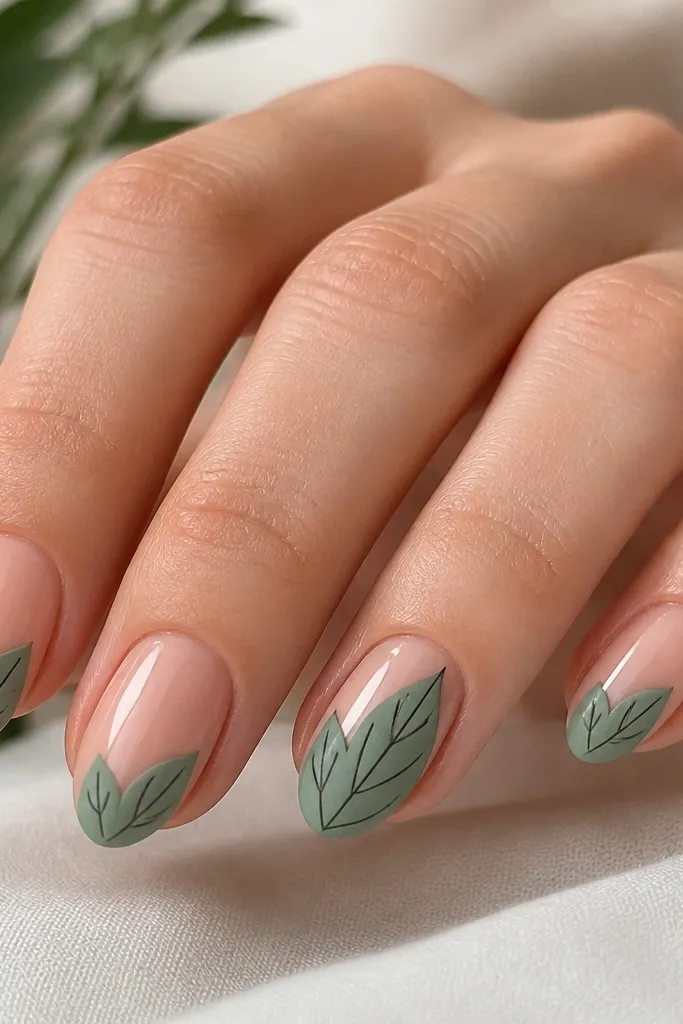 Short almond nails with a nude base and glossy top coat on most of the nail; the bottom half has matte sea-green leaf tips with thin black vein lines; ring finger has a larger leaf shape; matte finish on tips only.