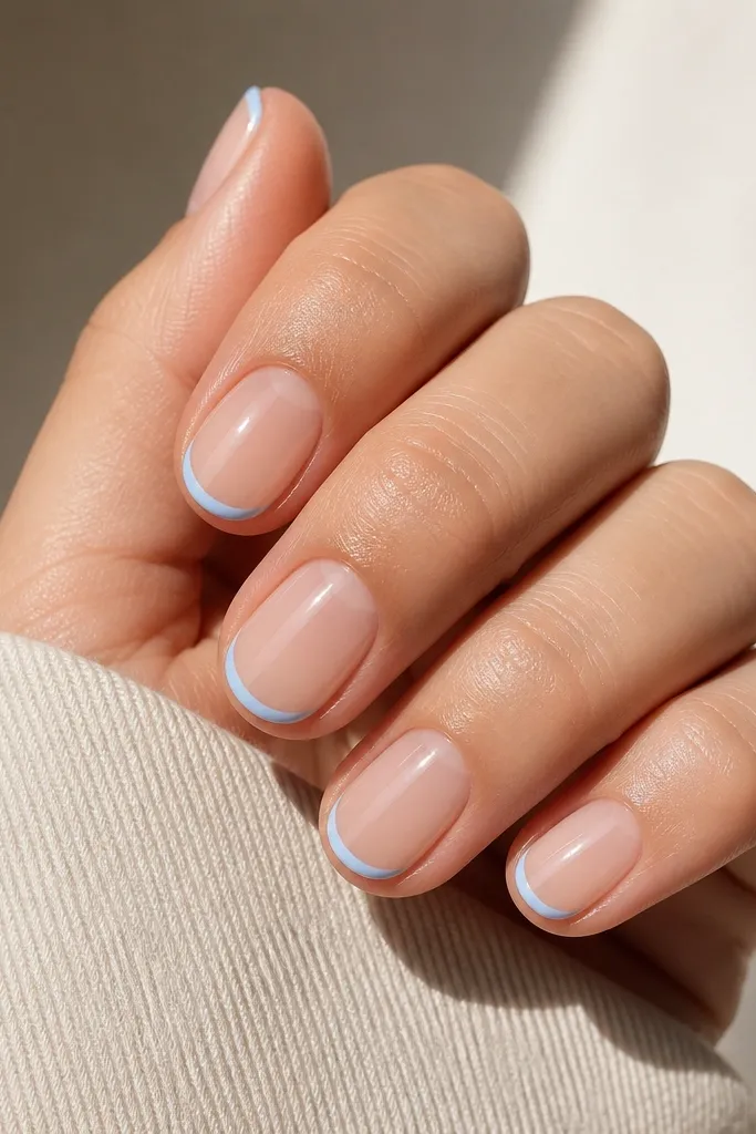 Five short nails with a nearly clear jelly base. The French tip is powder blue, painted as a thin micro arc just at the very edge, glossy finish.