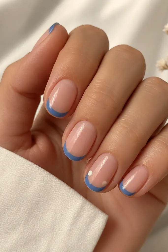 Short oval nails. Nude base. Blue French tips with a neat curve. On the ring finger, there's a single tiny white dot near the outer corner of the tip; rest have no accent.