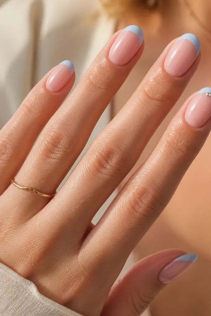 Short oval nails. Clear jelly pink base. Powder blue French tips. On the ring finger tip, a single small silver rhinestone sits near the inner corner of the blue arc.
