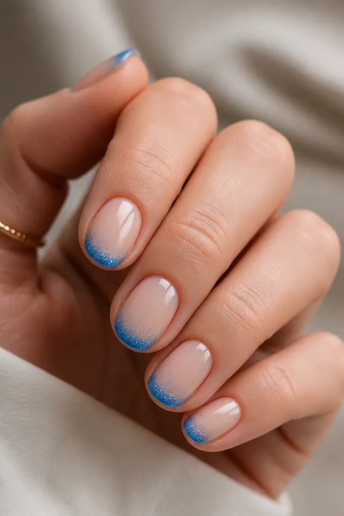 Short oval nails. Nude base. Blue French tips. On each tip, there's a micro glitter fade that concentrates at the very edge and fades inward. Glossy finish.