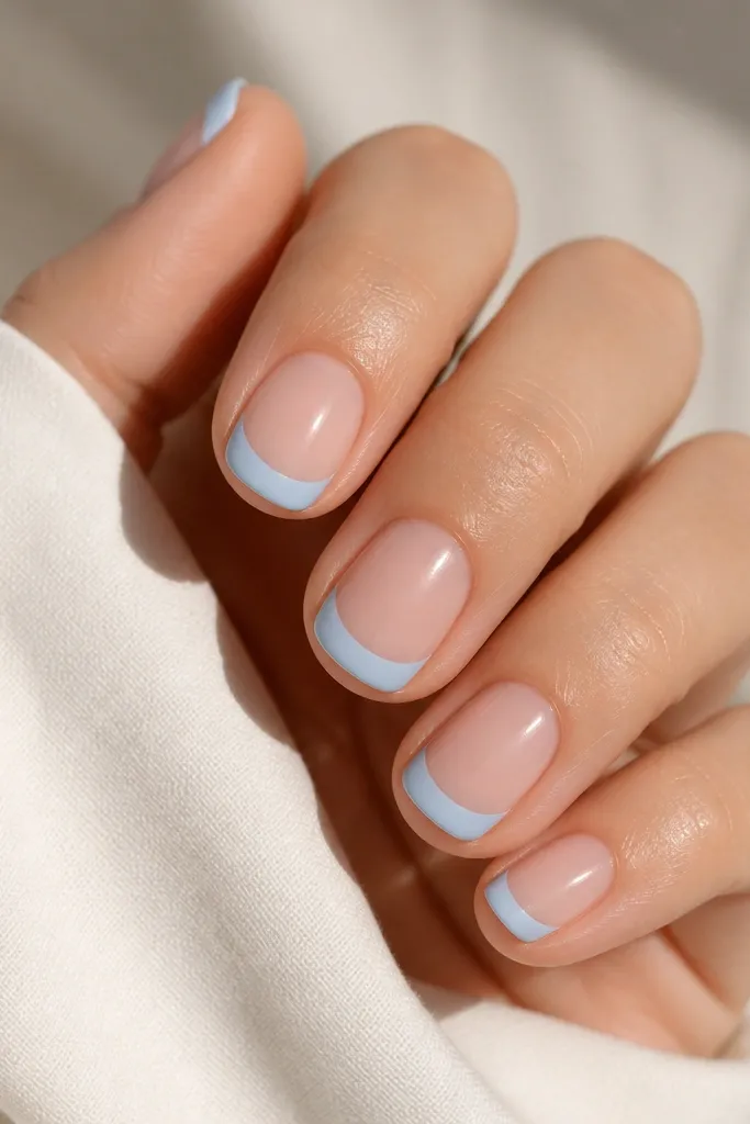 Short round nails. Glossy nude base. Baby blue French tips with a matte finish. No other art. Clean smile line.