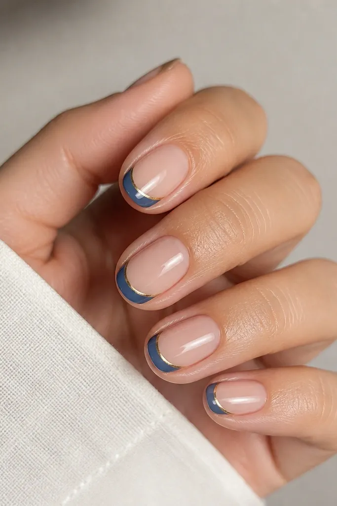Short oval nails. Nude base. Blue French tips. On each tip, there's a thin strip of gold foil along the outer edge of the blue, glossy finish overall.
