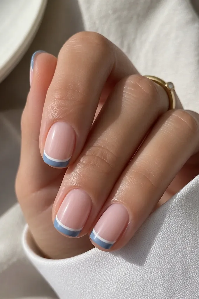 Short square nails. Nude base. Blue French tips with a thin white outline following the top edge of the blue. Glossy finish.