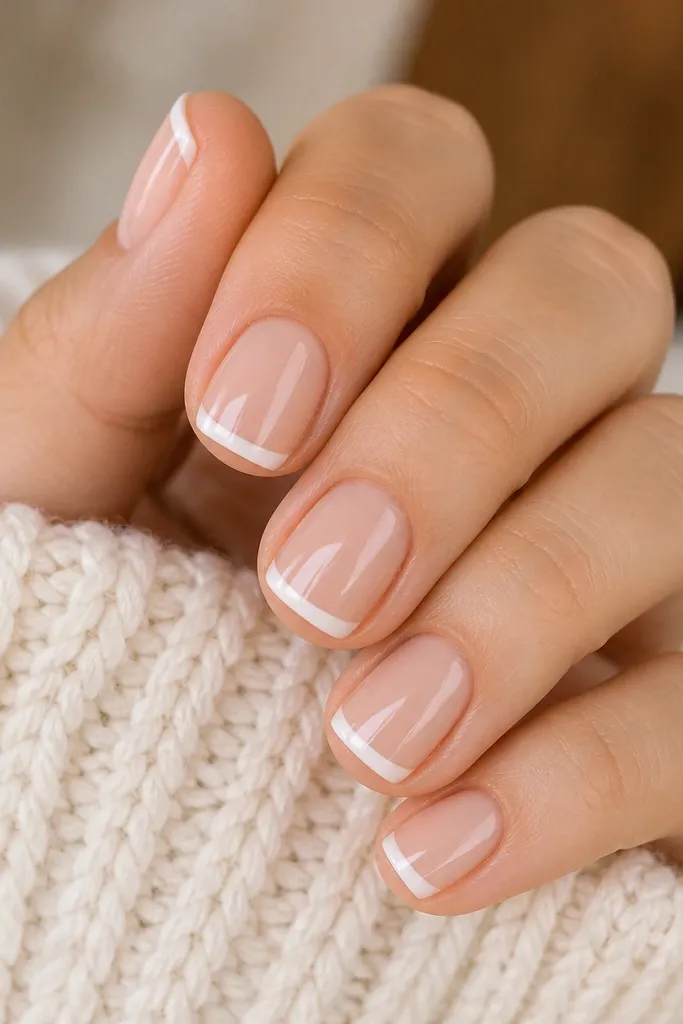 Short square nails painted in a sheer nude base. The tips have a clean white French, but the white is slightly angled like a gentle wedge toward one side of each nail. The cuticles are bare clean, and the finish is glossy.