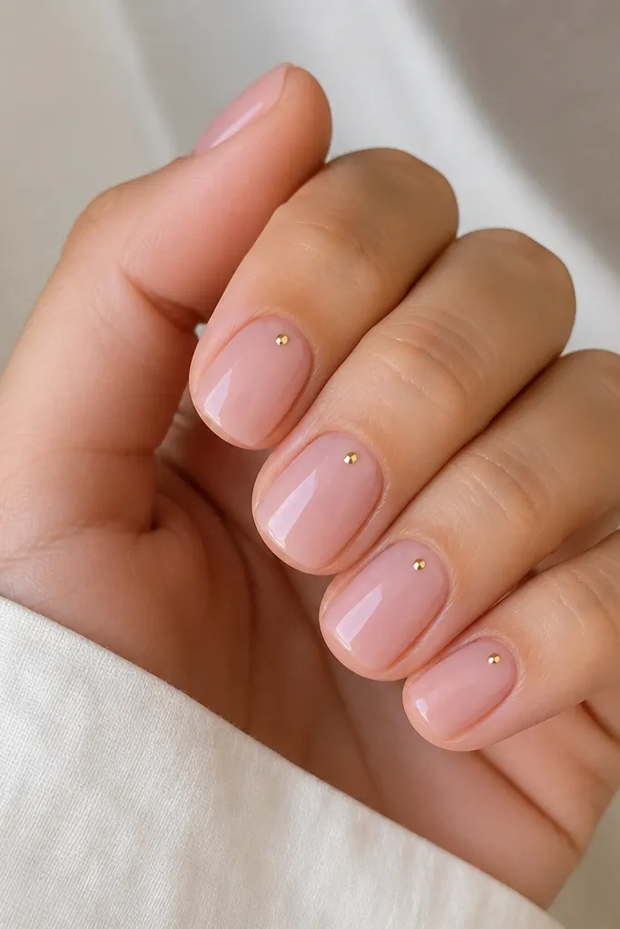 Short square nails with a milky pink jelly finish. On each nail there is exactly one small gold dot near the upper third, aligned slightly toward the cuticle side. Everything is glossy and smooth with no other decoration.