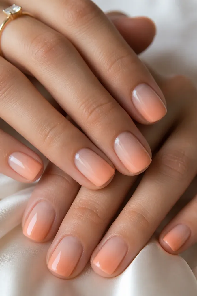 Short square nails with a smooth gradient. The base is nude near the cuticle, blending into a peach pastel toward the free edge. The ombre is soft with no harsh lines, and the nails look glossy.