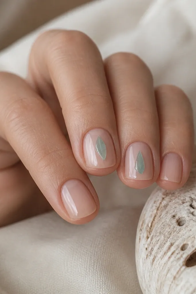 Short square nails with a mostly clear or sheer nude base. On two nails there is a sea-glass aqua accent shaped like a small vertical leaf or shard in the center. The rest of each nail is bare-looking with glossy top coat.