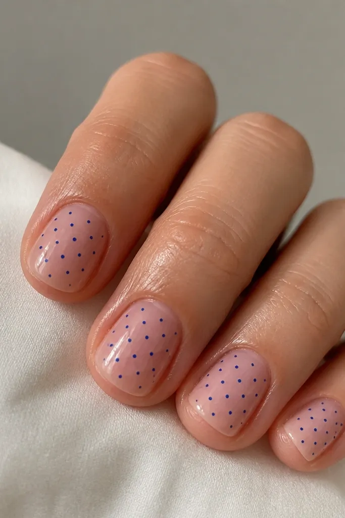 Short square nails with a bare nude or sheer nude base. Each nail has tiny cobalt blue dots scattered evenly, with most dots concentrated toward the center and fewer near the edges. The finish is glossy with clean cuticle edges.