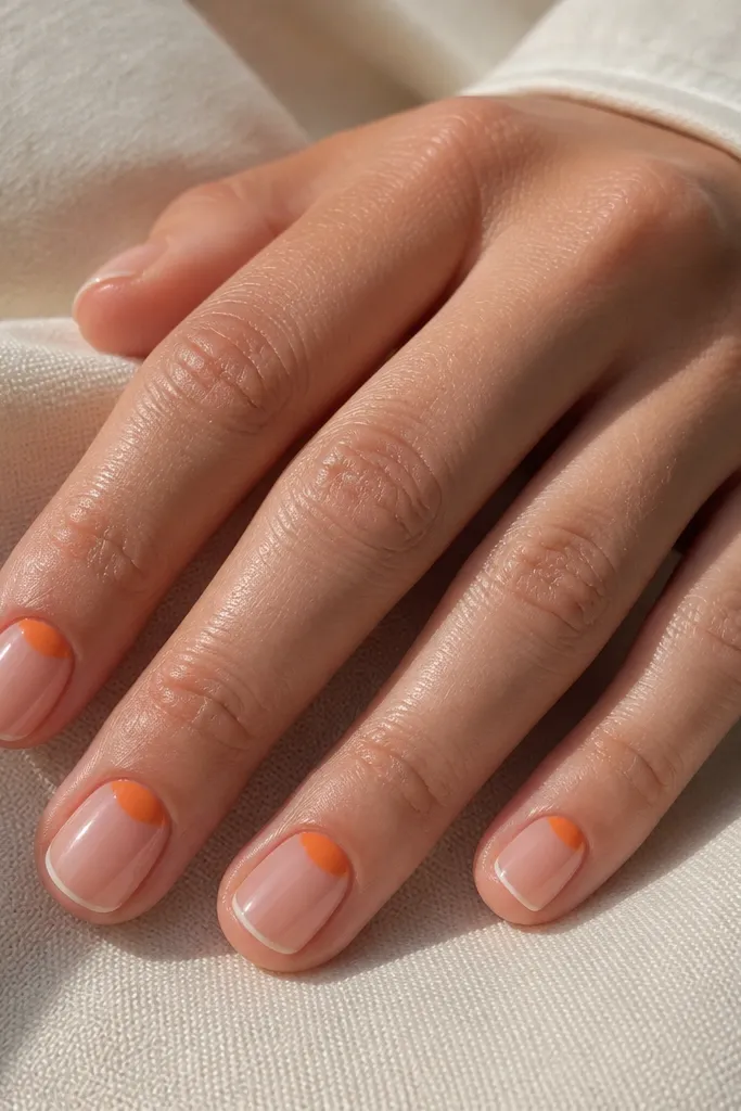 Short square nails with a clear pink base. A tangerine half-moon sits right at the cuticle line on each nail, leaving the rest of the nail sheer. The half-moon is smooth and curved, and the top coat is glossy.