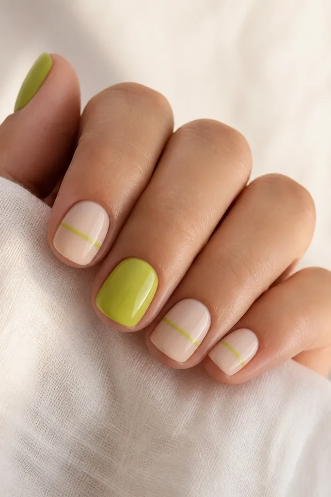 Short square nails in a soft creamy nude base. Two nails have lime green full coverage, while the other nails have a tiny lime stripe across the middle. All nails are glossy and the lime pieces are clean-edged.