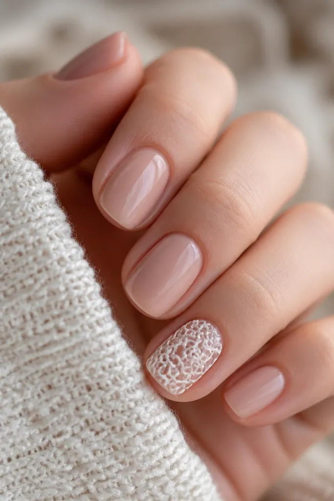 Short square nails with a sheer nude base and glossy finish. On one accent nail, the polish has a raised white crochet-like pattern - tiny loops and lines. The rest of the nails are plain nude.