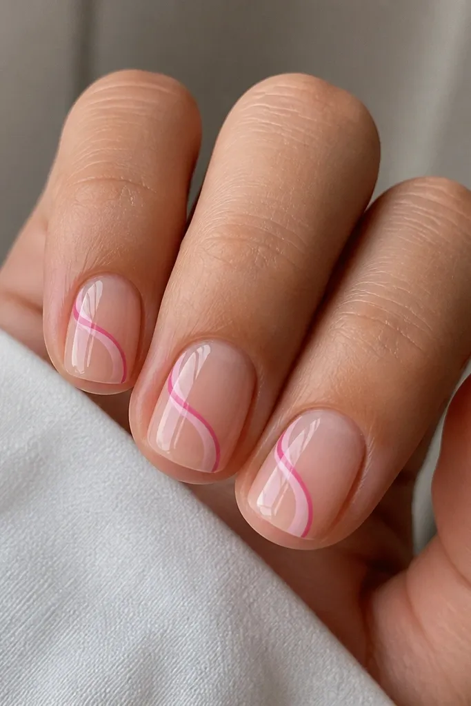 Short square nails with a glossy clear or very sheer pink base. Each nail has a single thin swirl line in hot pink that curves from one side toward the center, with a second lighter pink line following the curve. The rest of the nail is empty and reflective.