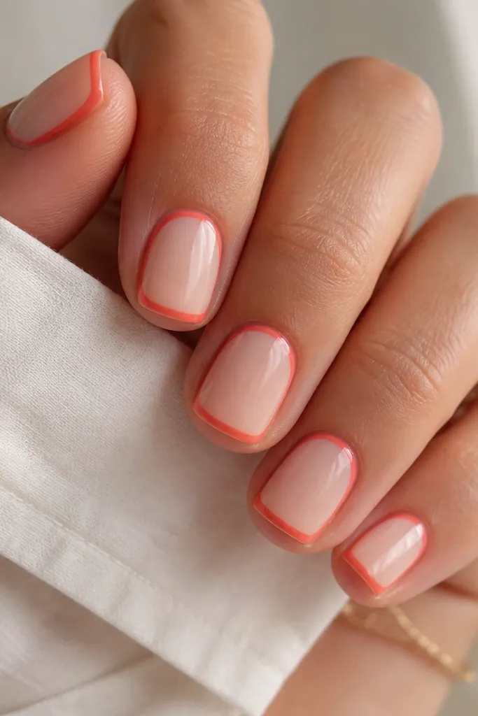 Short square nails with a nude base. Each nail has a coral outline that frames the nail - a thin line near the sidewalls and along the top edge, leaving the center empty. The lines are crisp and the nails are glossy.