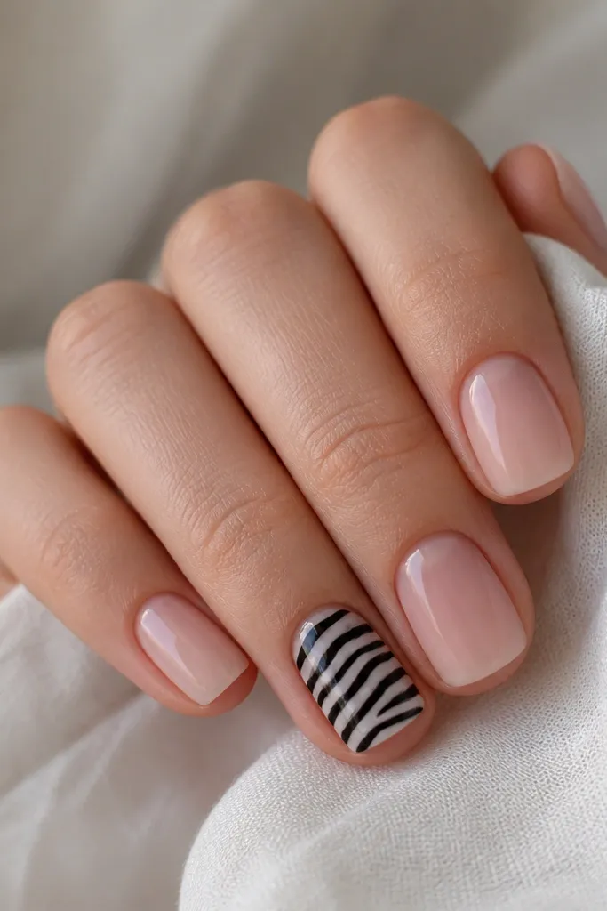 Short square nails with a sheer pink base. On two accent nails there is zebra striping in black and white, with uneven stripes and slightly irregular edges. The rest of the nails are plain sheer pink and glossy.