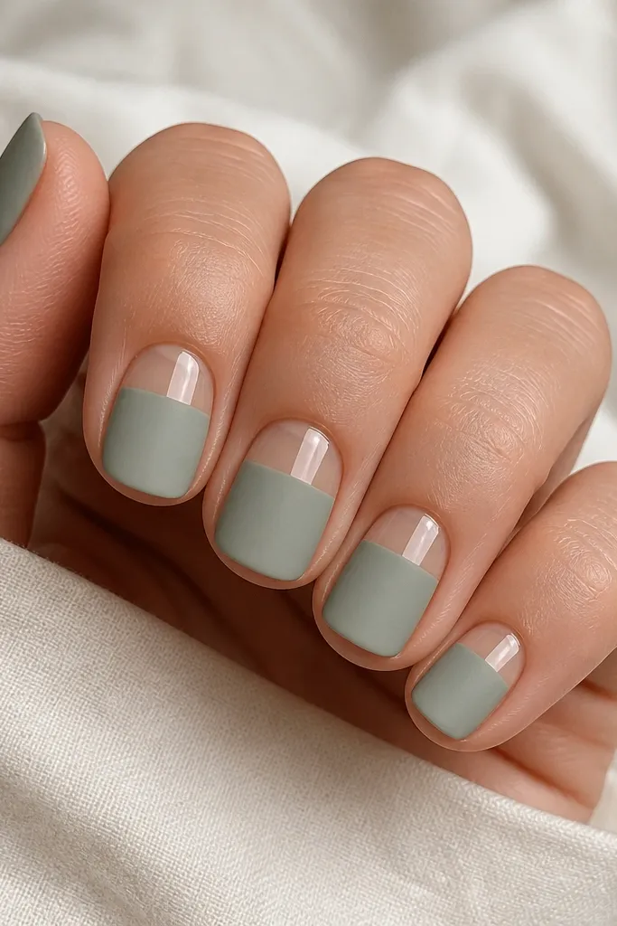Short square nails painted in matte seafoam green. On each nail, the upper half (near the cuticle) has a glossy clear finish, creating a half-and-half effect: matte bottom, glossy top. The boundary line is clean and straight.